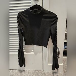 Black Lace-Up Sleeve Ribbed Top